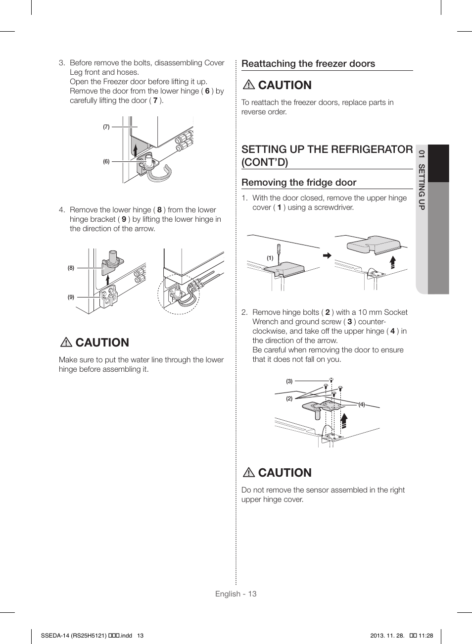 Caution, Setting up the refrigerator (cont’d), Reattaching the freezer doors | Removing the fridge door | Samsung RS25H5000SR-AA User Manual | Page 13 / 32