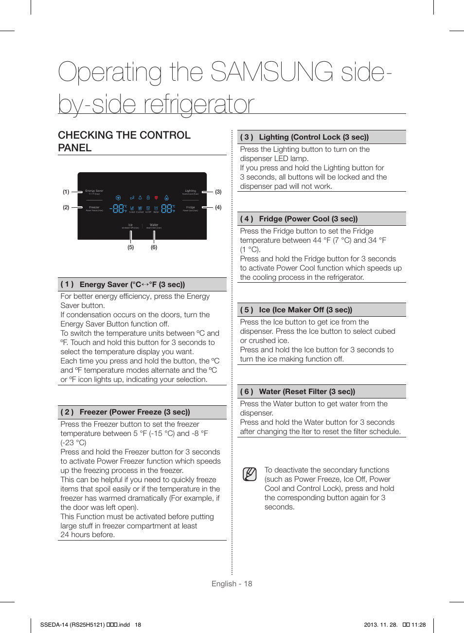 Operating the samsung side- by-side refrigerator, Checking the control panel | Samsung RS25H5000SR-AA User Manual | Page 18 / 32