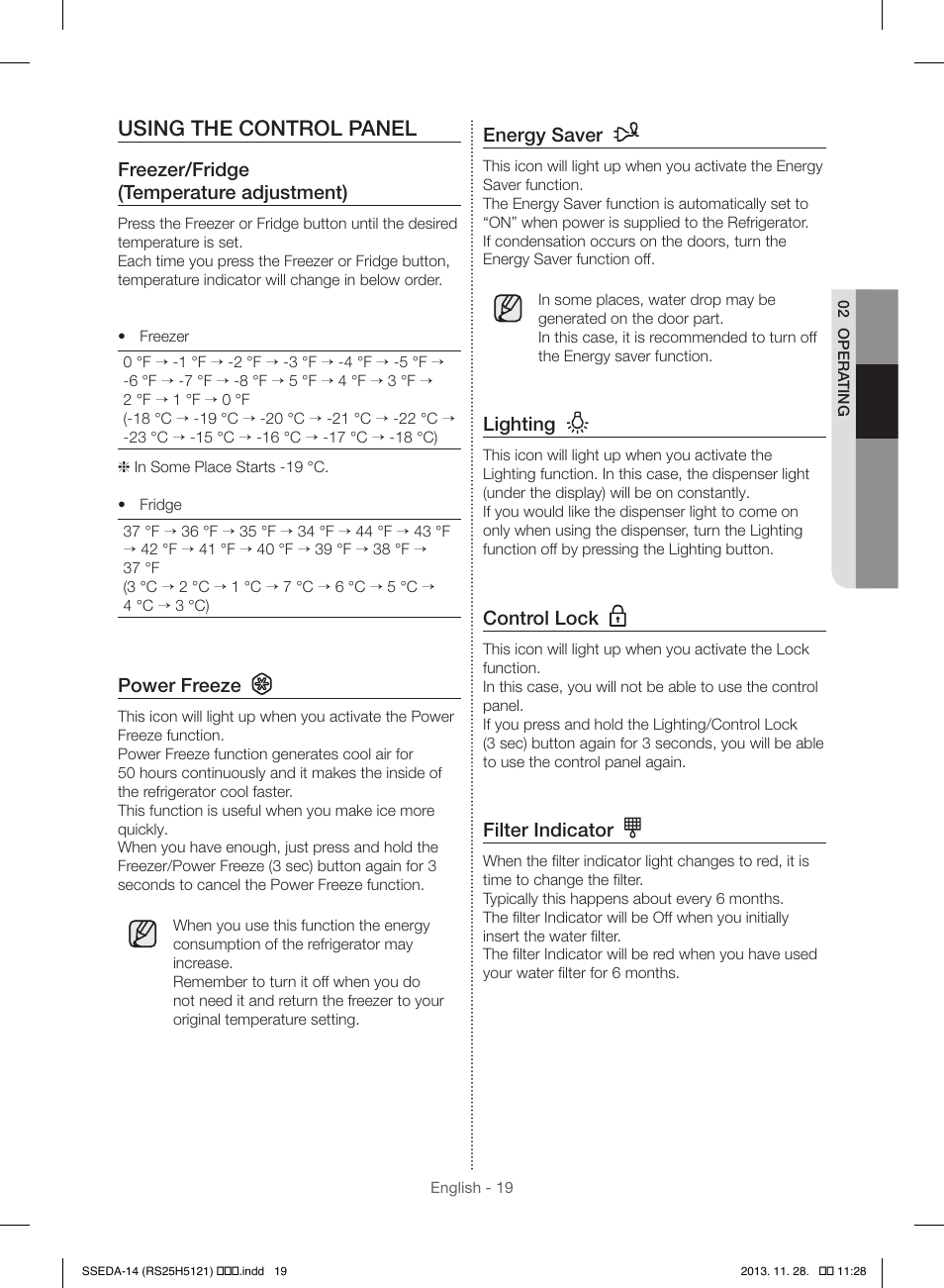 Using the control panel | Samsung RS25H5000SR-AA User Manual | Page 19 / 32