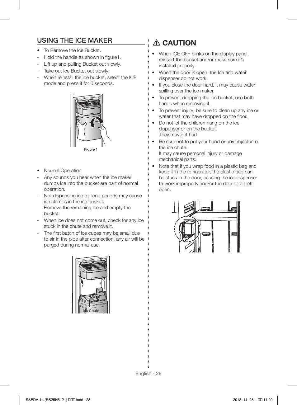 Caution, Using the ice maker | Samsung RS25H5000SR-AA User Manual | Page 28 / 32