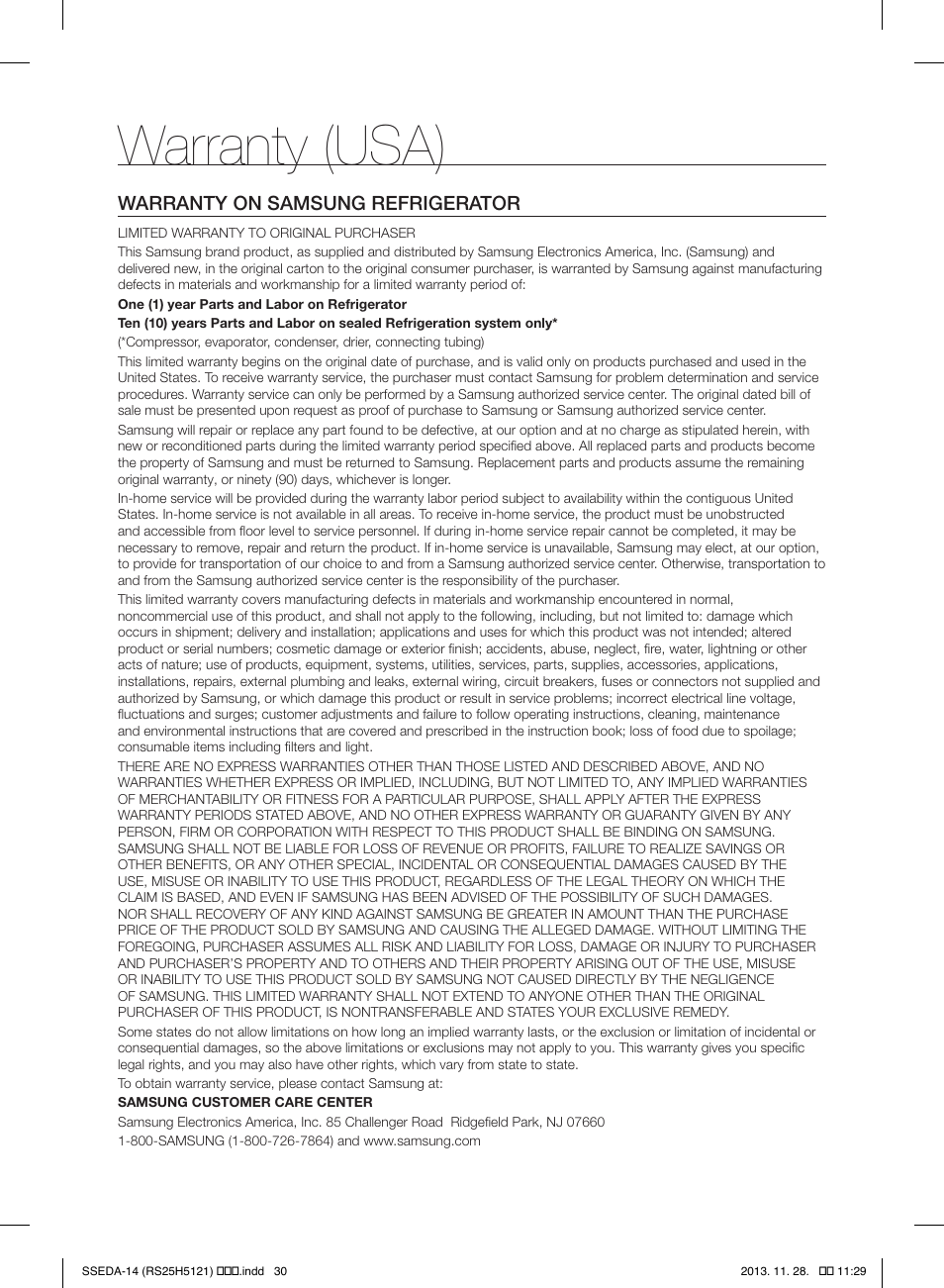 Warranty (usa) | Samsung RS25H5000SR-AA User Manual | Page 30 / 32