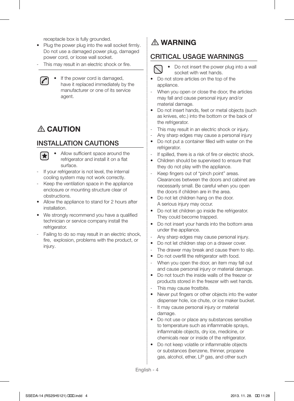 Caution, Warning, Installation cautions | Critical usage warnings | Samsung RS25H5000SR-AA User Manual | Page 4 / 32