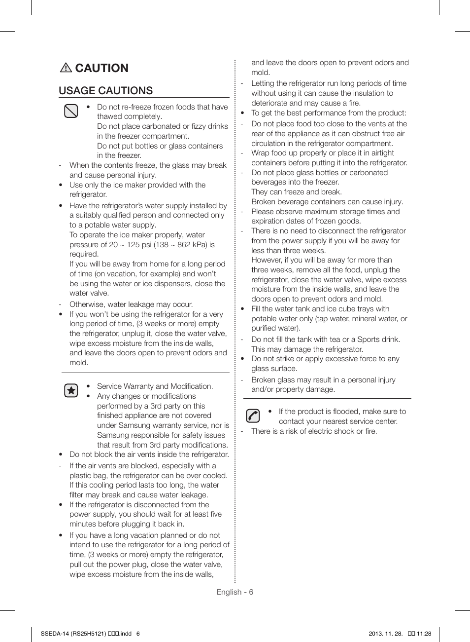 Caution, Usage cautions | Samsung RS25H5000SR-AA User Manual | Page 6 / 32