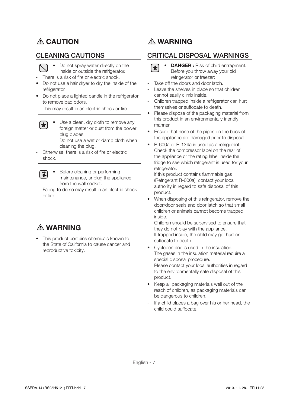 Caution, Warning, Cleaning cautions | Critical disposal warnings | Samsung RS25H5000SR-AA User Manual | Page 7 / 32