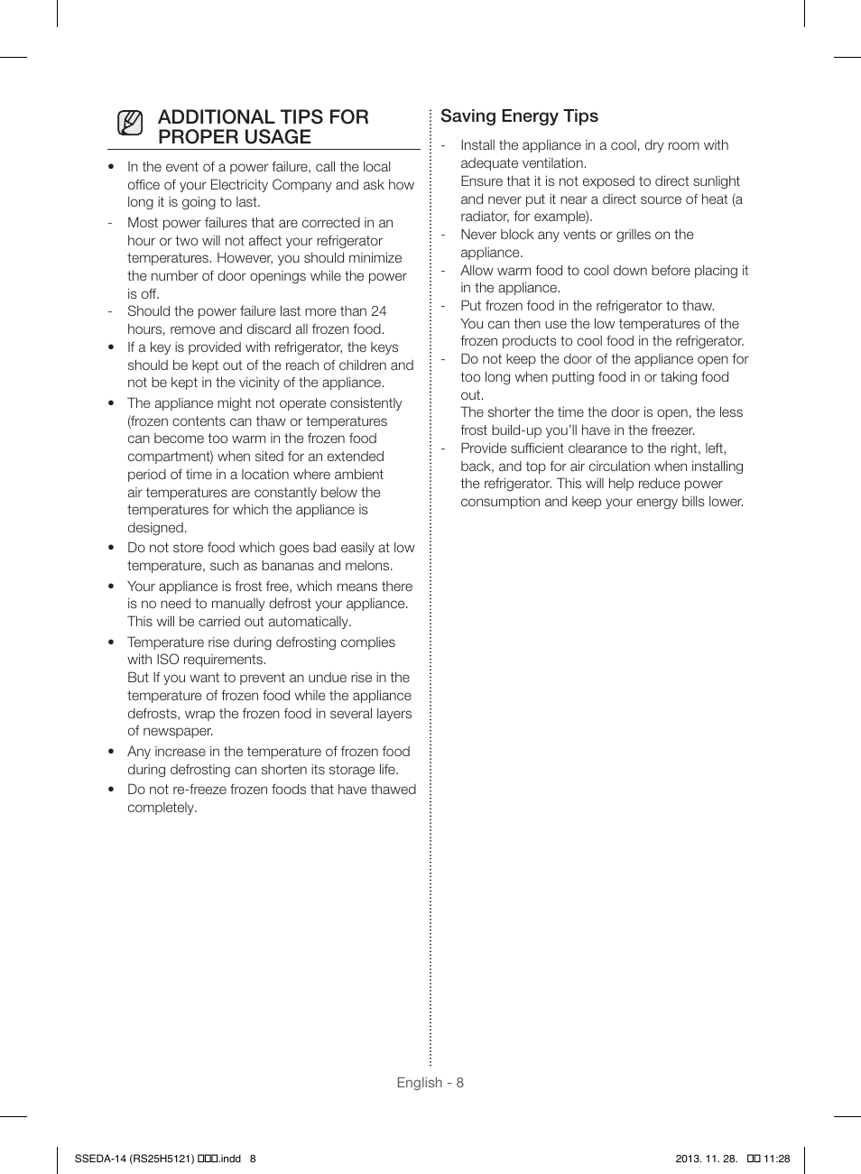 Additional tips for proper usage, Saving energy tips | Samsung RS25H5000SR-AA User Manual | Page 8 / 32