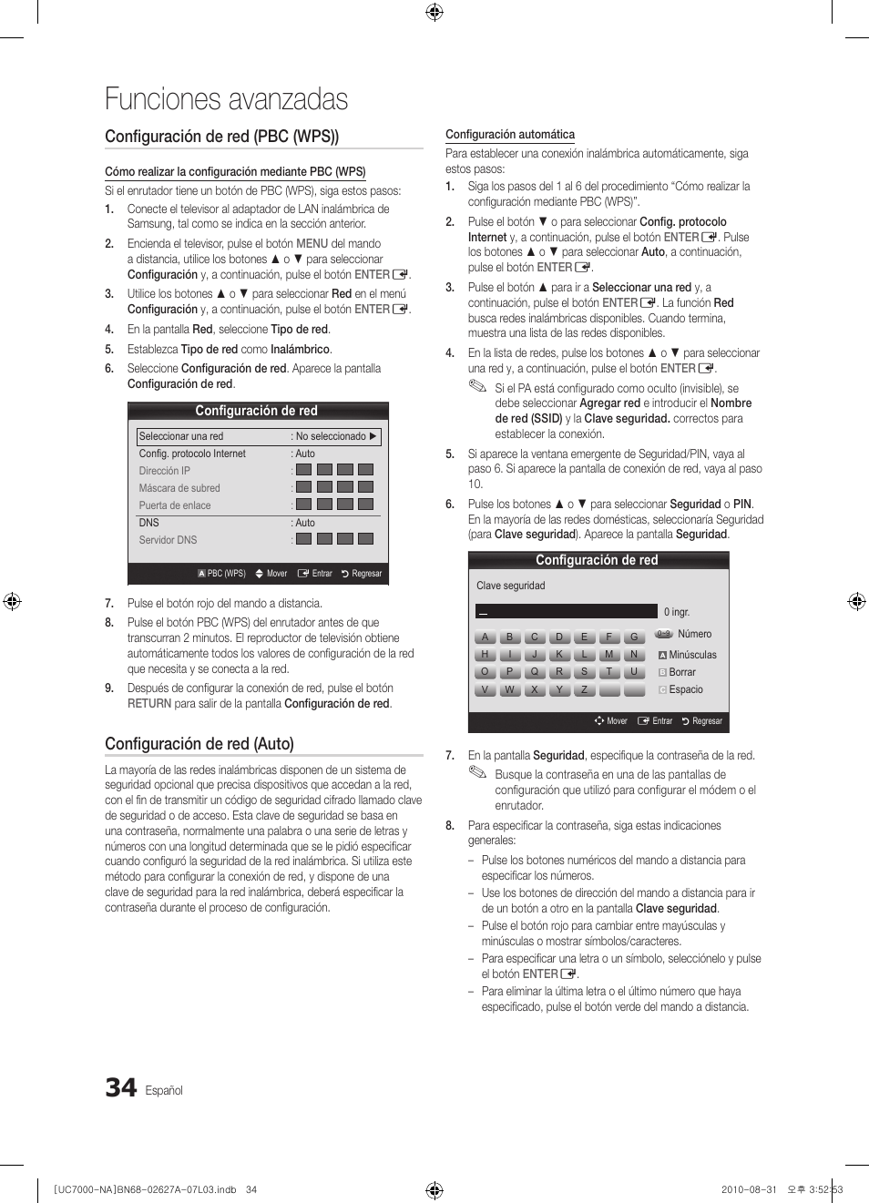 Funciones avanzadas, Configuración de red (pbc (wps)), Configuración de red (auto) | Samsung UN46C7000WFXZA User Manual | Page 100 / 200