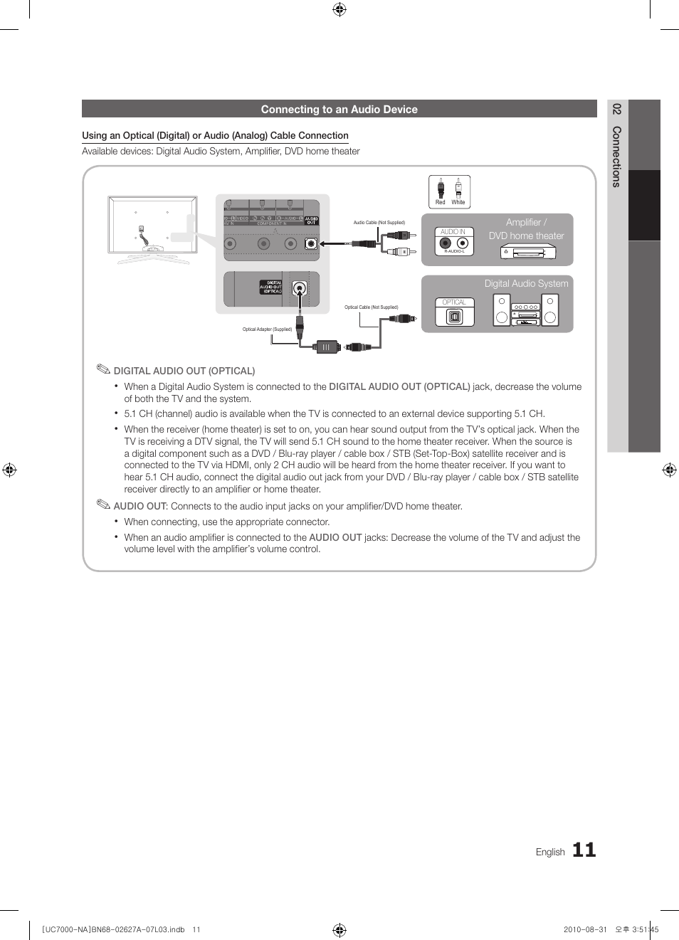 Connecting to an audio device | Samsung UN46C7000WFXZA User Manual | Page 11 / 200