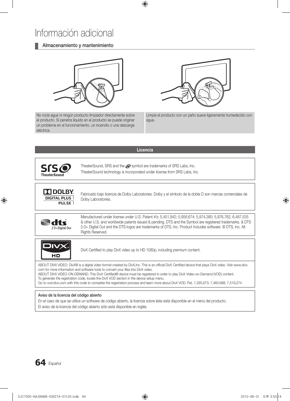 Información adicional | Samsung UN46C7000WFXZA User Manual | Page 130 / 200