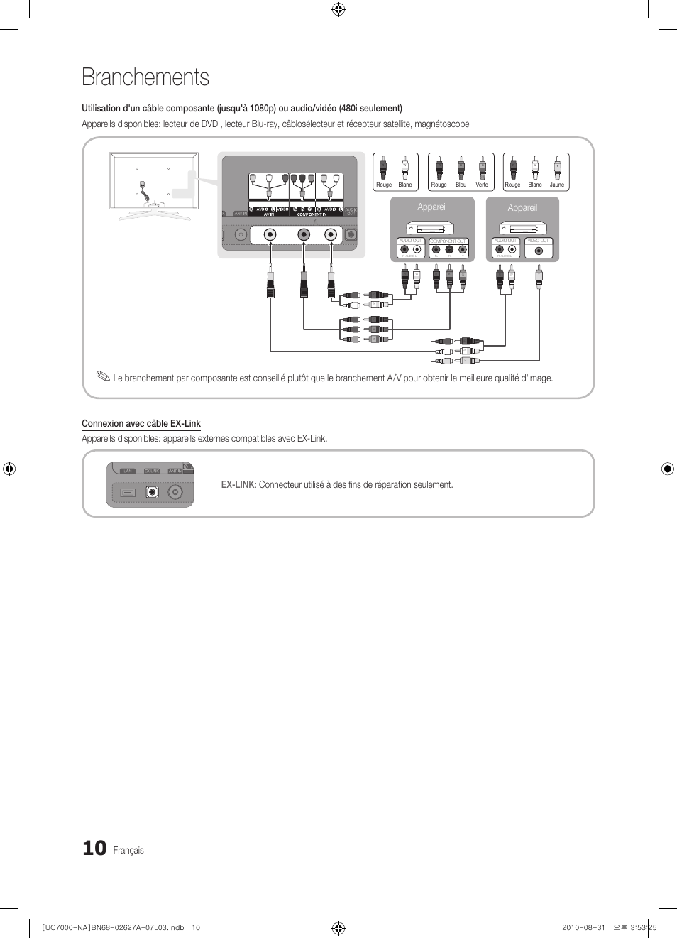 Branchements, Français, Appareil | Samsung UN46C7000WFXZA User Manual | Page 142 / 200