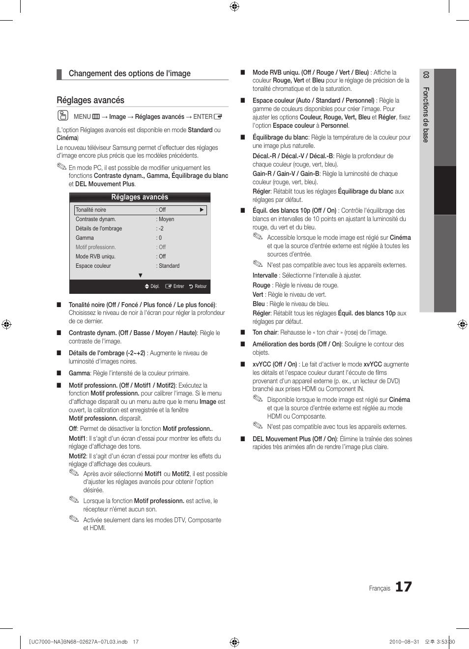 Réglages avancés | Samsung UN46C7000WFXZA User Manual | Page 149 / 200