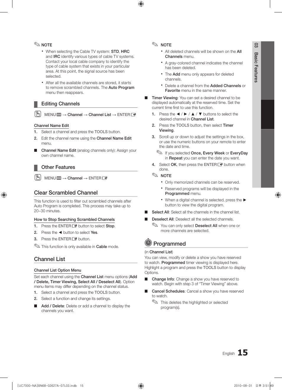 Clear scrambled channel, Channel list, Programmed | Samsung UN46C7000WFXZA User Manual | Page 15 / 200