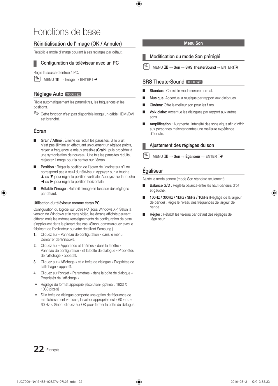 Fonctions de base, Réinitialisation de l'image (ok / annuler), Réglage auto | Écran, Srs theatersound, Égaliseur | Samsung UN46C7000WFXZA User Manual | Page 154 / 200