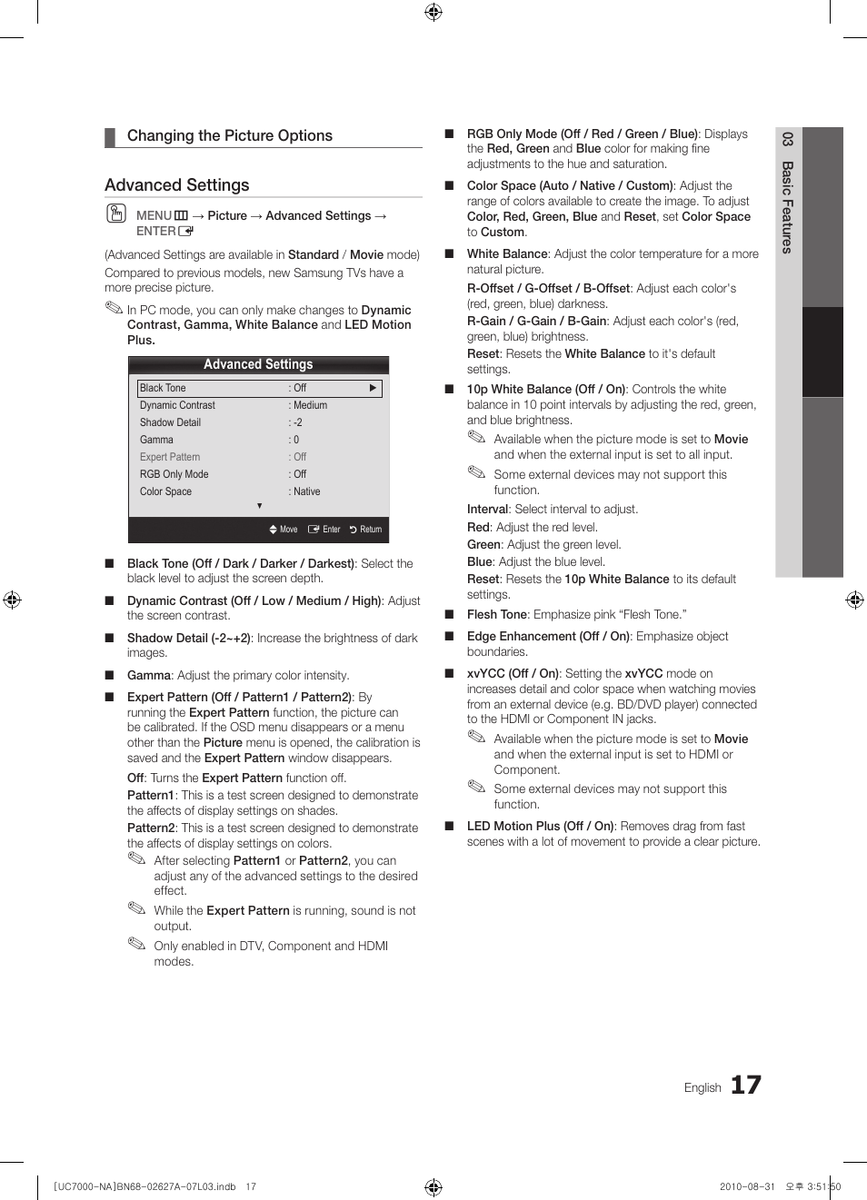 Advanced settings | Samsung UN46C7000WFXZA User Manual | Page 17 / 200