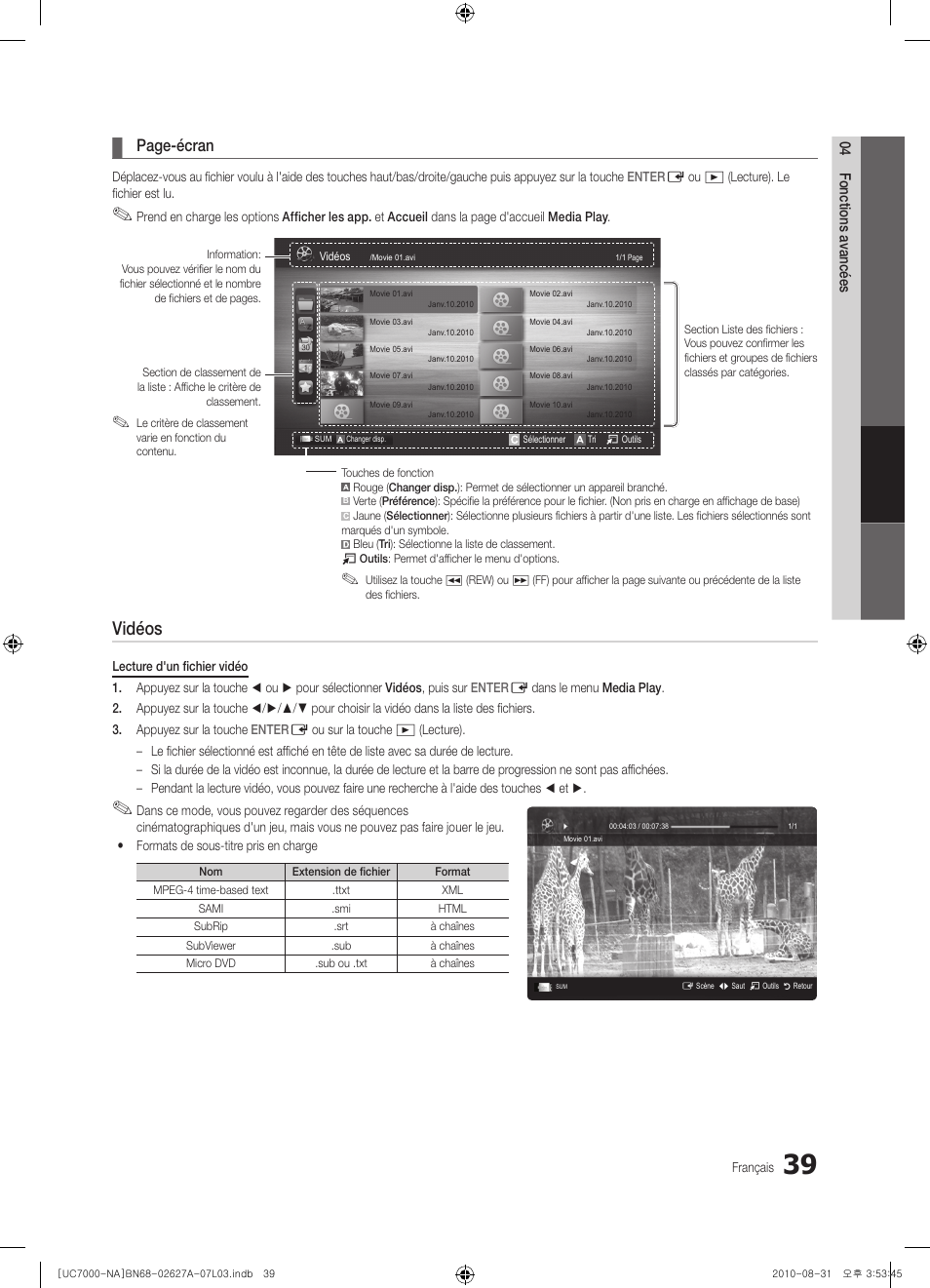 Vidéos, Page-écran | Samsung UN46C7000WFXZA User Manual | Page 171 / 200