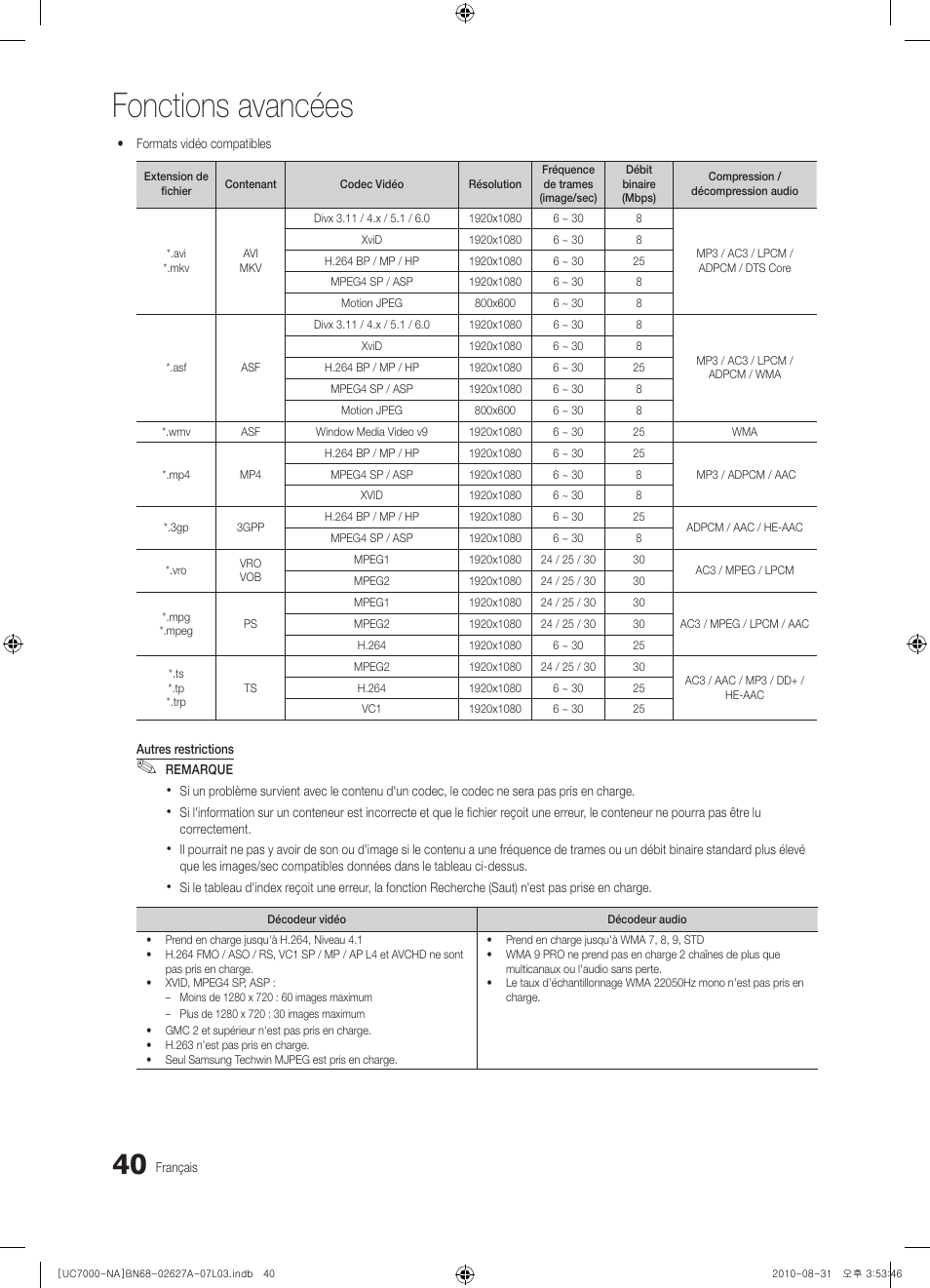 Fonctions avancées | Samsung UN46C7000WFXZA User Manual | Page 172 / 200