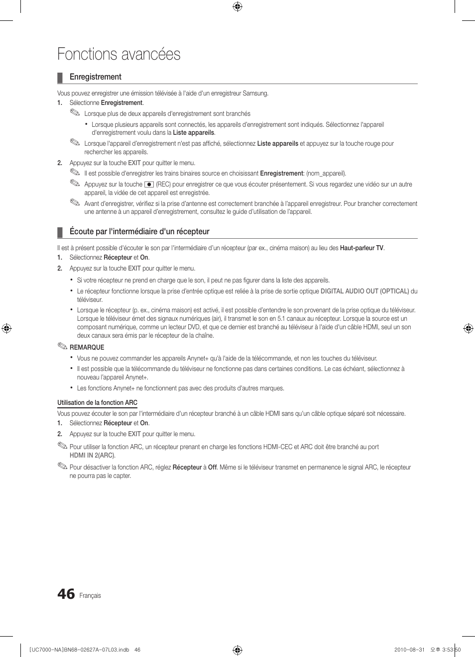 Fonctions avancées | Samsung UN46C7000WFXZA User Manual | Page 178 / 200