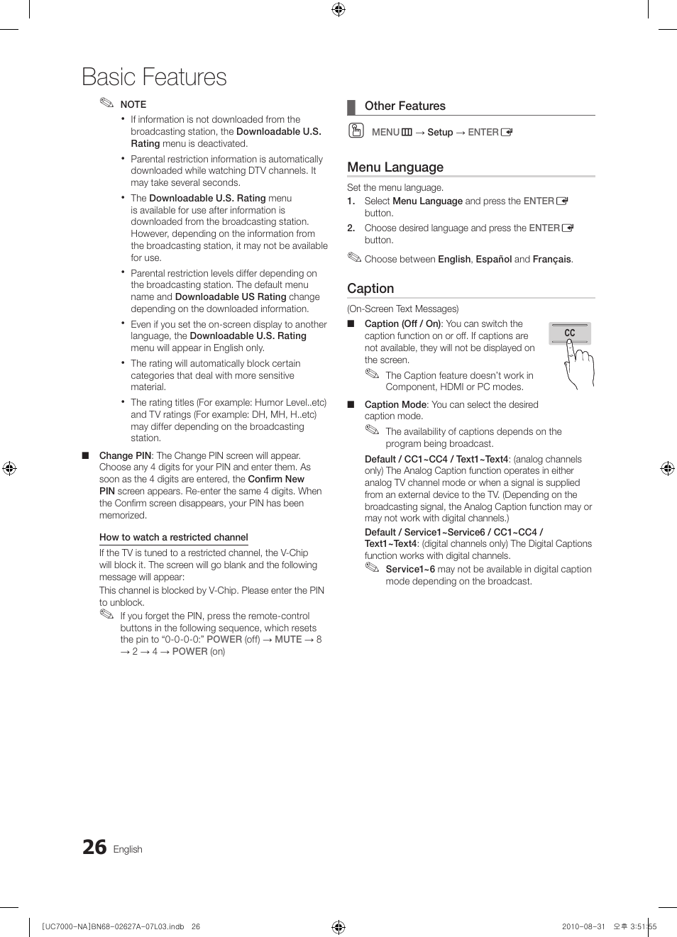 Basic features | Samsung UN46C7000WFXZA User Manual | Page 26 / 200