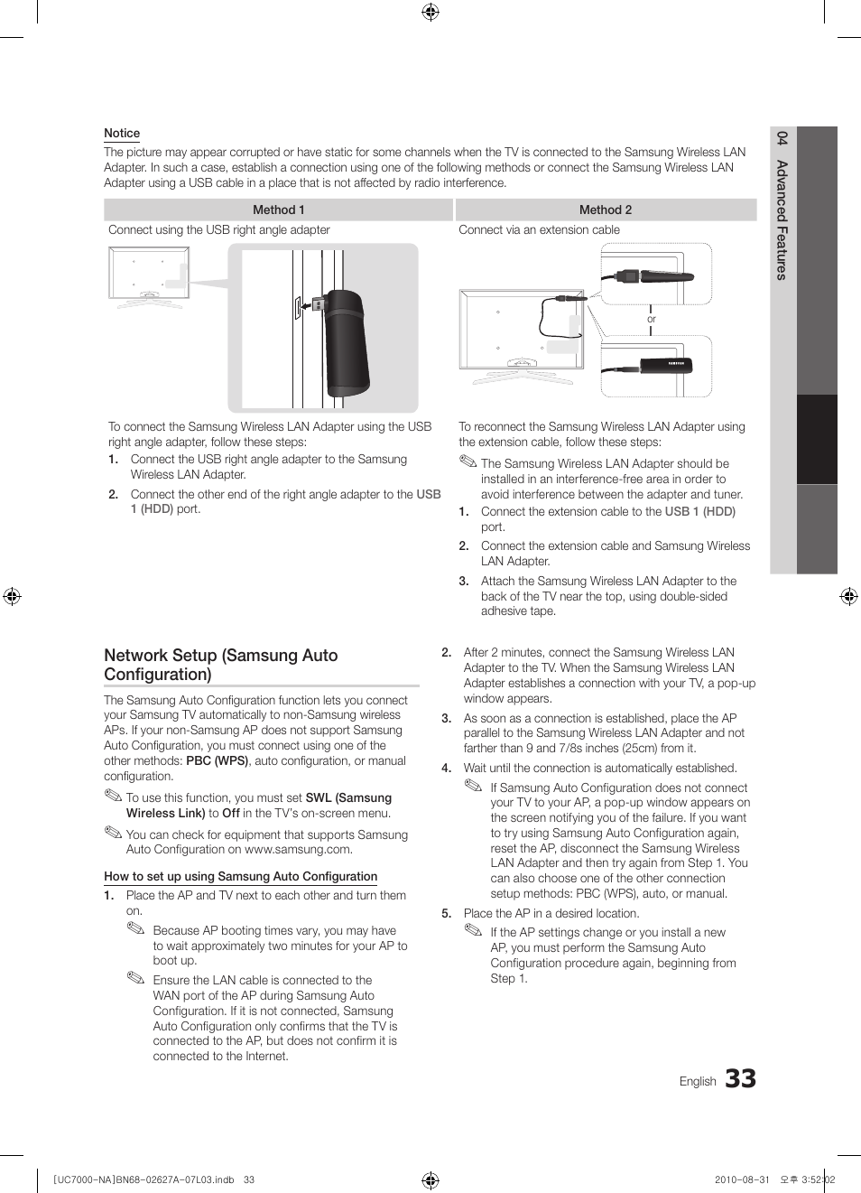 Network setup (samsung auto configuration) | Samsung UN46C7000WFXZA User Manual | Page 33 / 200