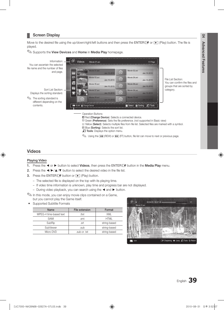 Videos, Screen display | Samsung UN46C7000WFXZA User Manual | Page 39 / 200