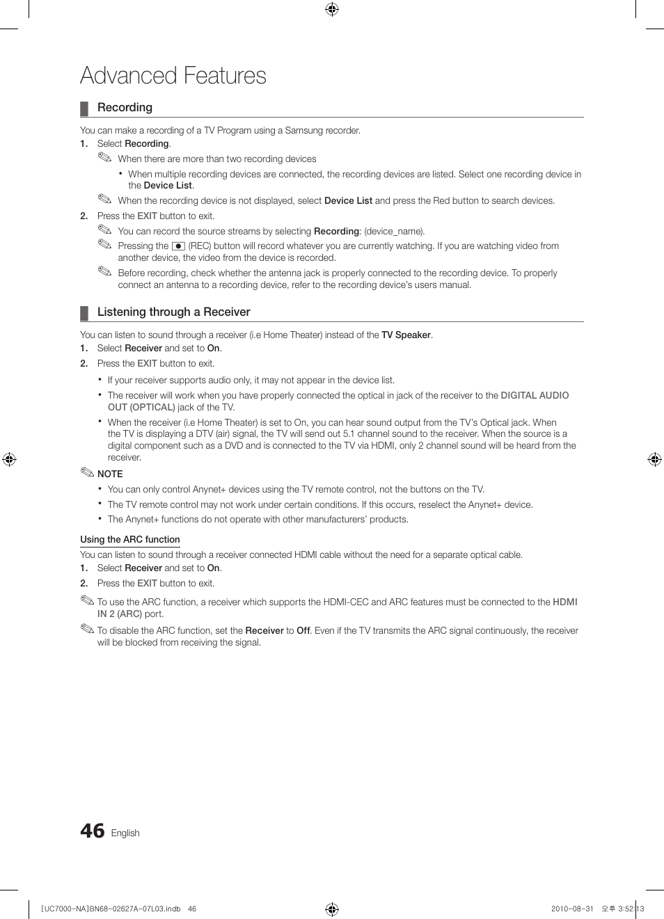 Advanced features | Samsung UN46C7000WFXZA User Manual | Page 46 / 200