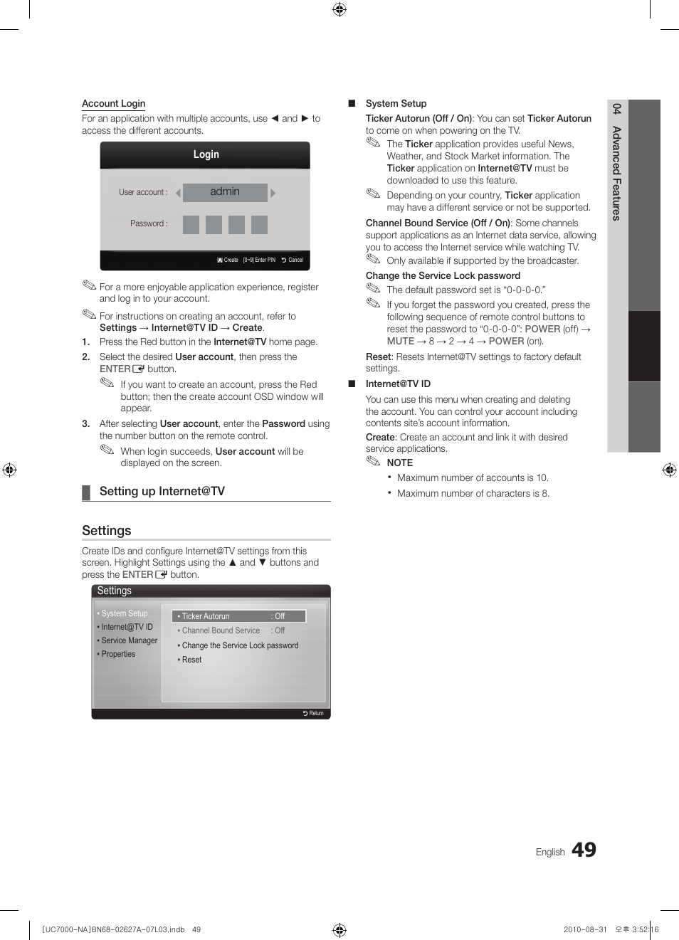 Settings | Samsung UN46C7000WFXZA User Manual | Page 49 / 200