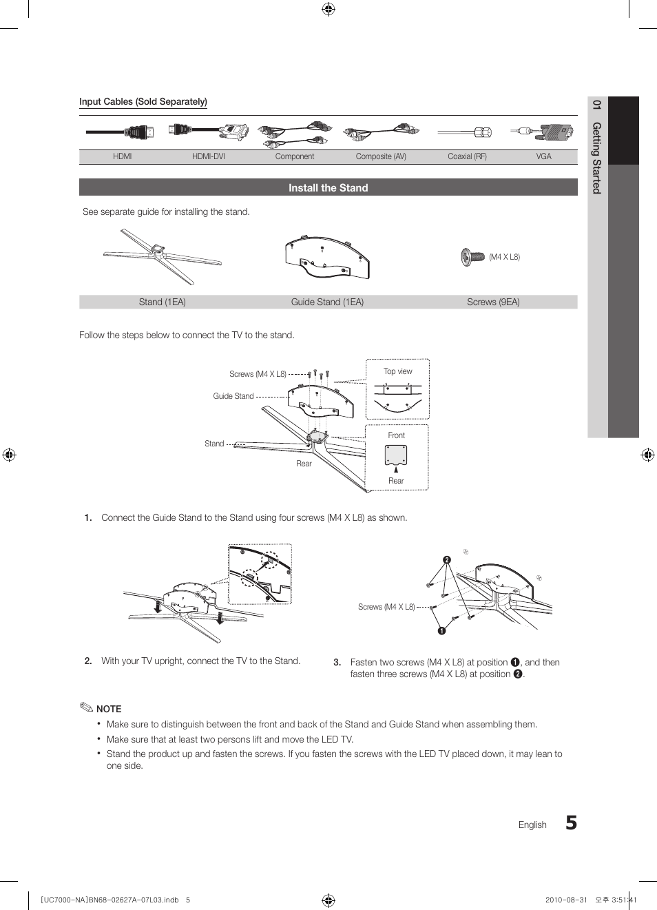 Install the stand, 01 getting started | Samsung UN46C7000WFXZA User Manual | Page 5 / 200