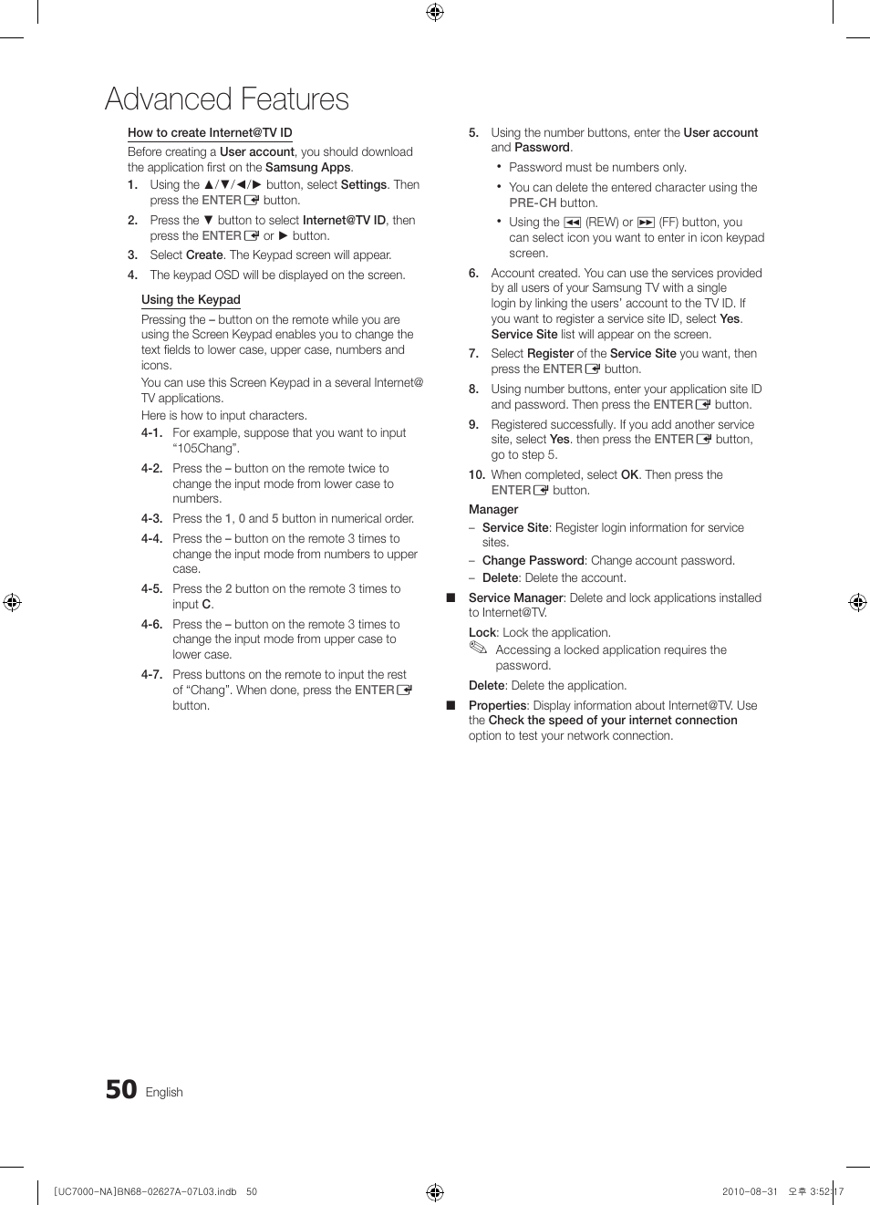 Advanced features | Samsung UN46C7000WFXZA User Manual | Page 50 / 200