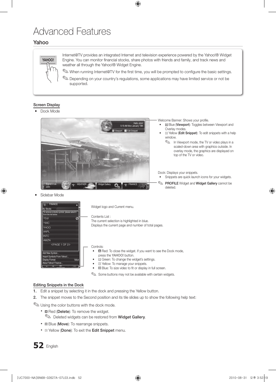 Advanced features, Yahoo | Samsung UN46C7000WFXZA User Manual | Page 52 / 200