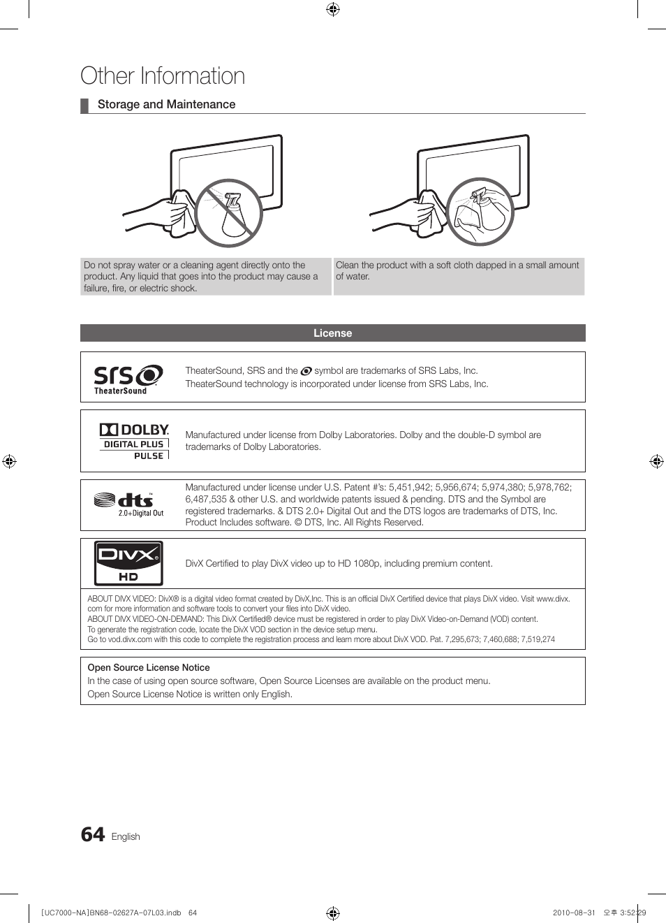 License, Other information | Samsung UN46C7000WFXZA User Manual | Page 64 / 200