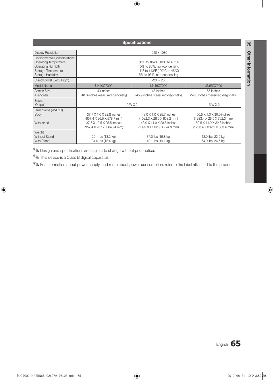 Specifications | Samsung UN46C7000WFXZA User Manual | Page 65 / 200