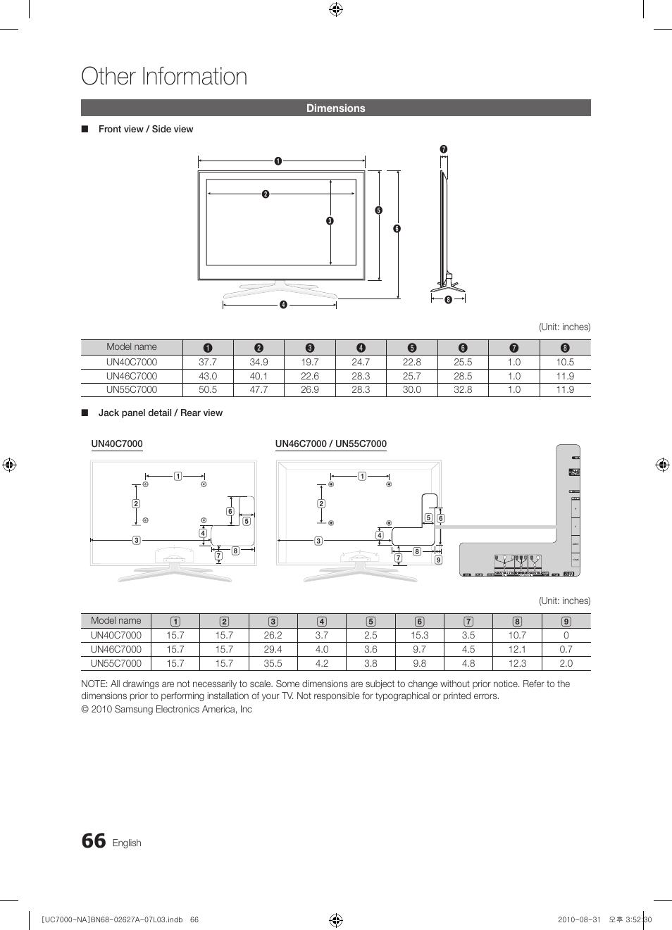 Dimensions, Other information | Samsung UN46C7000WFXZA User Manual | Page 66 / 200