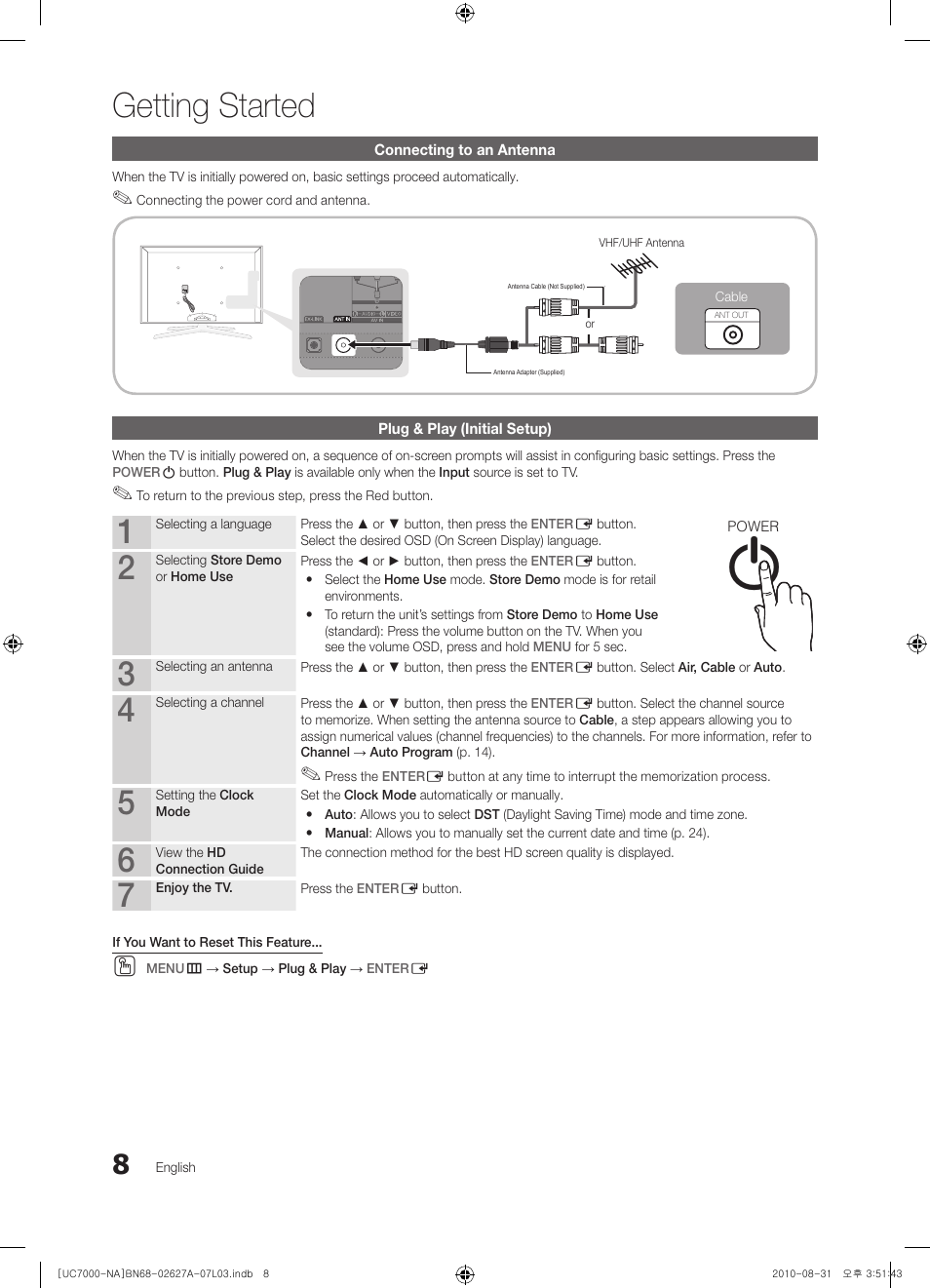 Connecting to an antenna, Plug & play (initial setup), Getting started | Info guide | Samsung UN46C7000WFXZA User Manual | Page 8 / 200