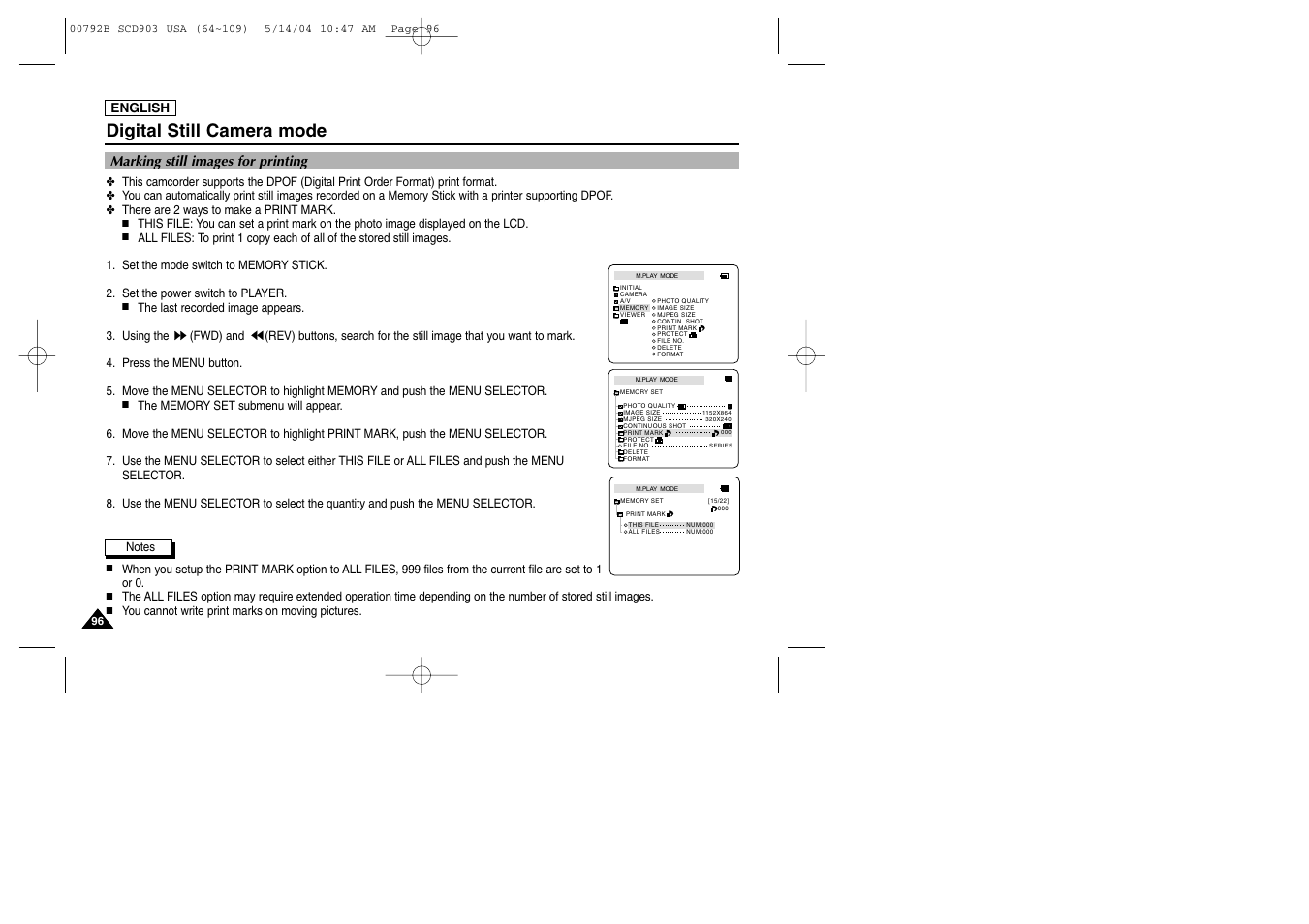 Marking still images for printing, Digital still camera mode | Samsung SC-D903-XAC User Manual | Page 100 / 114