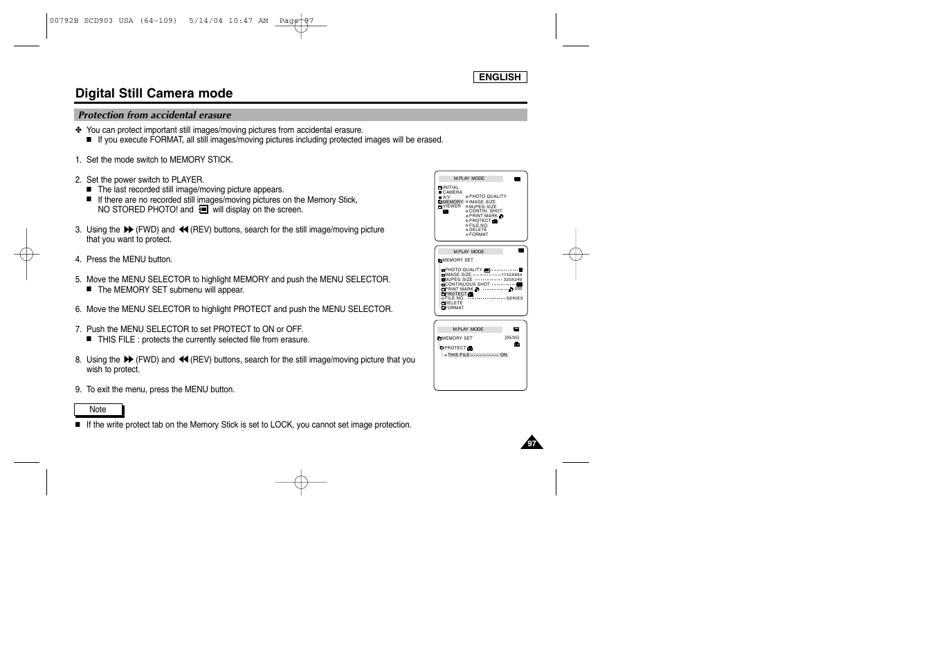 Protection from accidental erasure, Digital still camera mode | Samsung SC-D903-XAC User Manual | Page 101 / 114