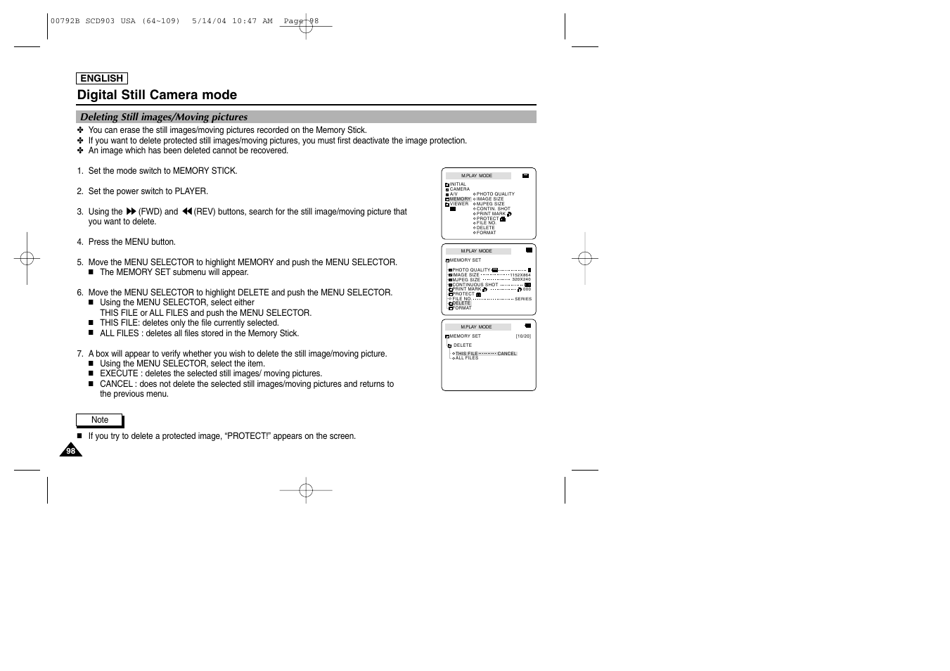 Deleting still images/moving pictures, Digital still camera mode | Samsung SC-D903-XAC User Manual | Page 102 / 114