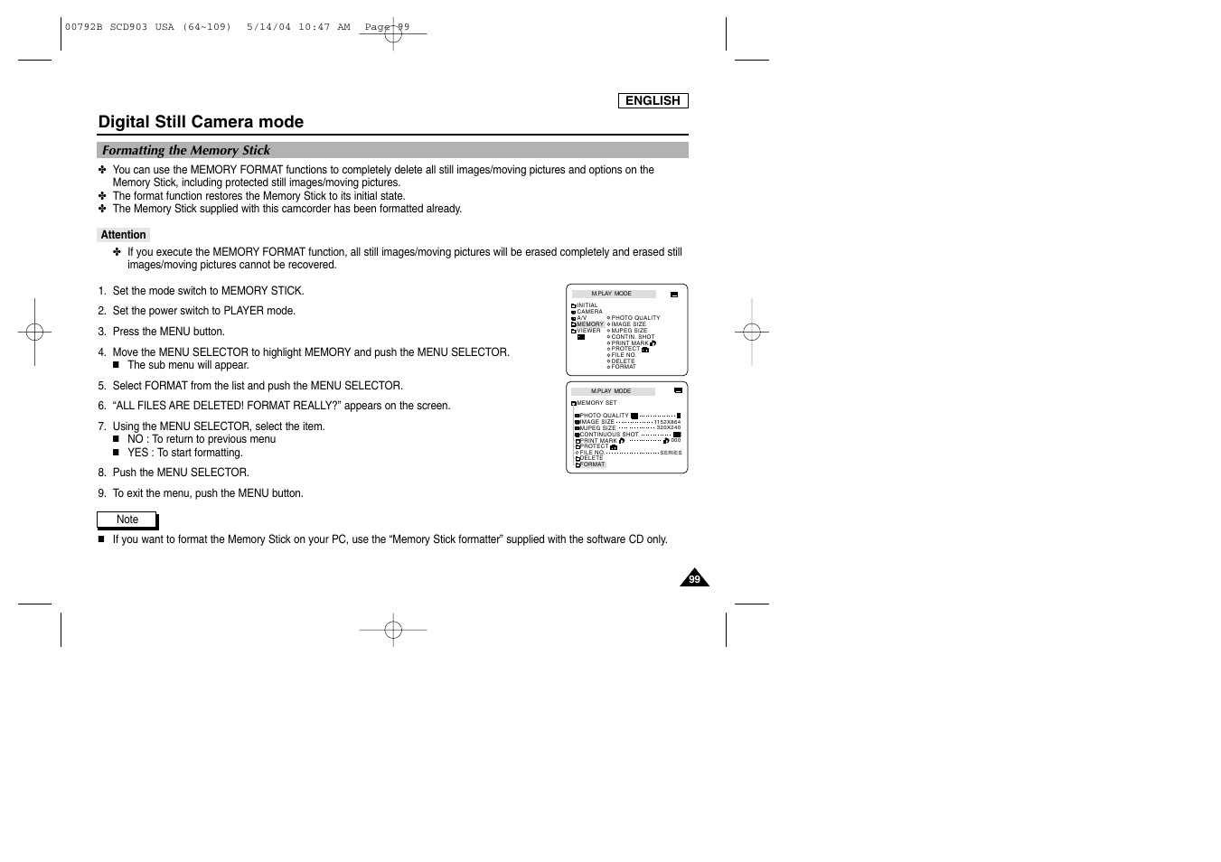 Formatting the memory stick, Attention, Digital still camera mode | Samsung SC-D903-XAC User Manual | Page 103 / 114