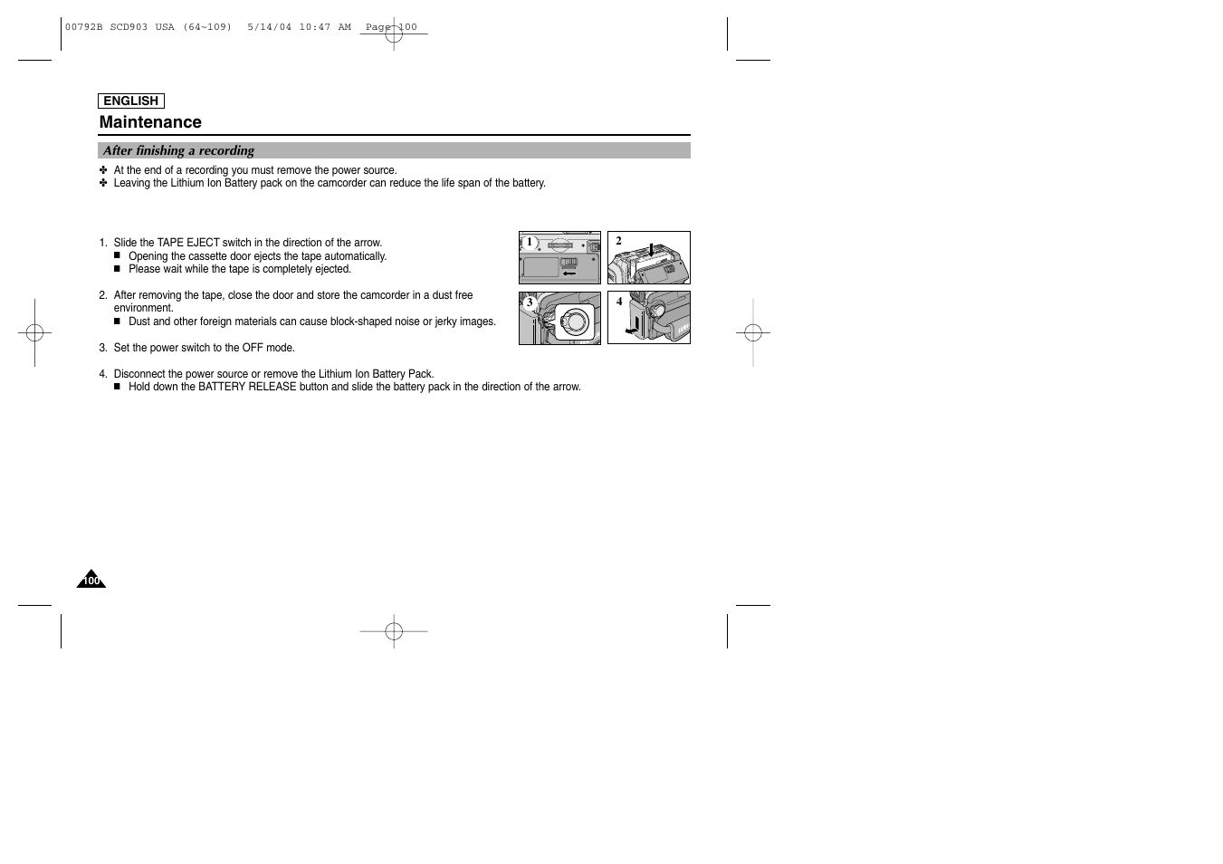 Maintenance, After finishing a recording | Samsung SC-D903-XAC User Manual | Page 104 / 114