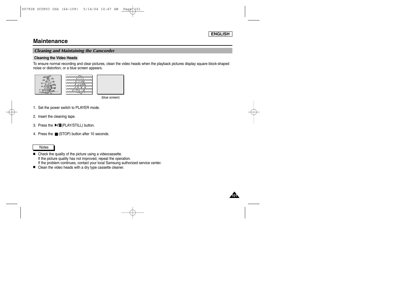 Cleaning and maintaining the camcorder, Cleaning the video heads, Maintenance | Samsung SC-D903-XAC User Manual | Page 105 / 114