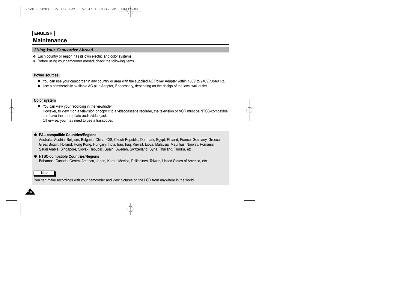 Using your camcorder abroad, Power sources, Color system | Maintenance | Samsung SC-D903-XAC User Manual | Page 106 / 114