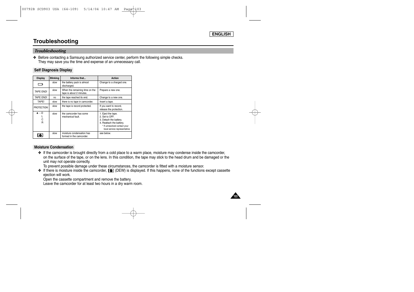 Troubleshooting, Self diagnosis display, Moisture condensation | Samsung SC-D903-XAC User Manual | Page 107 / 114