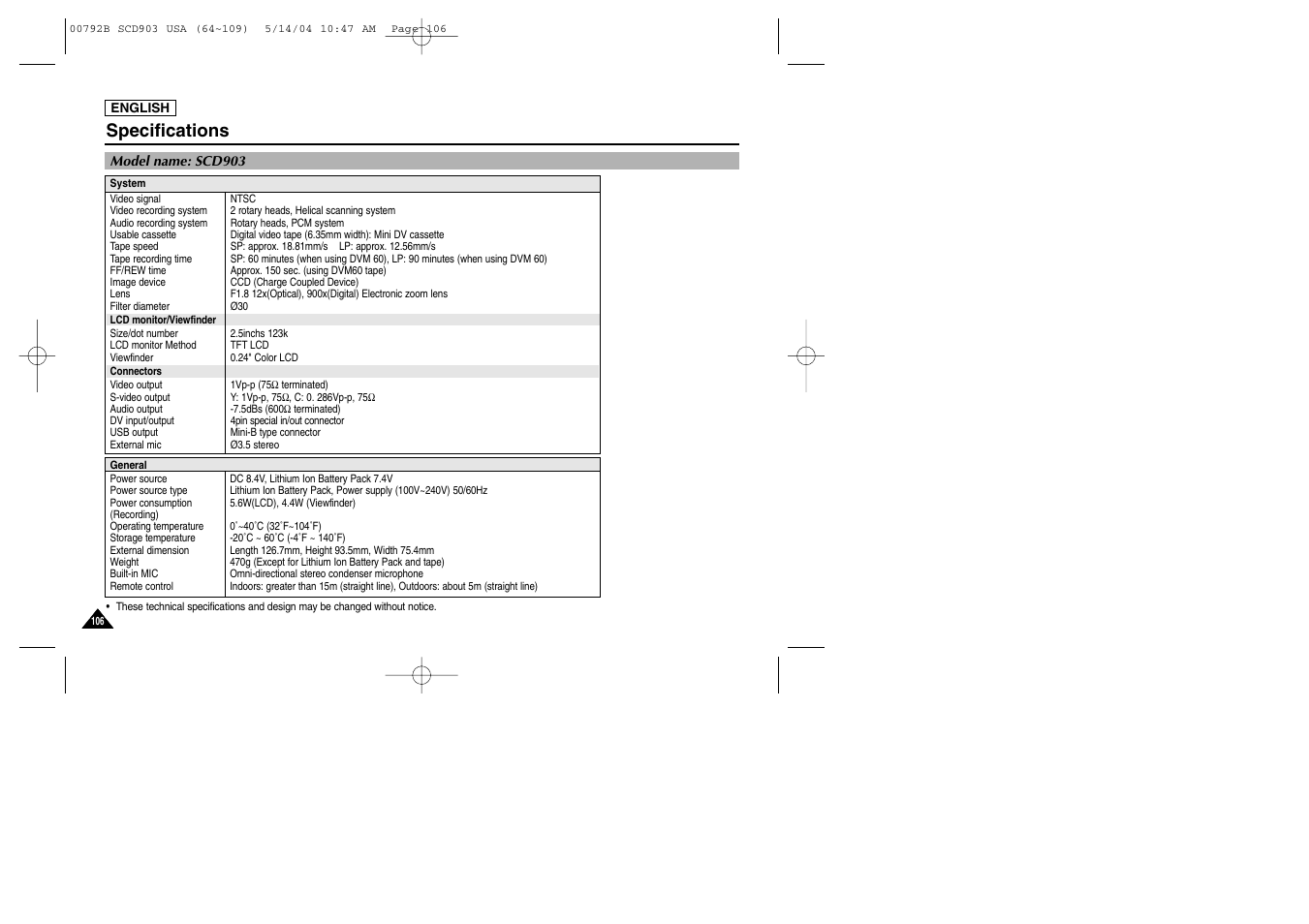 Specifications | Samsung SC-D903-XAC User Manual | Page 110 / 114