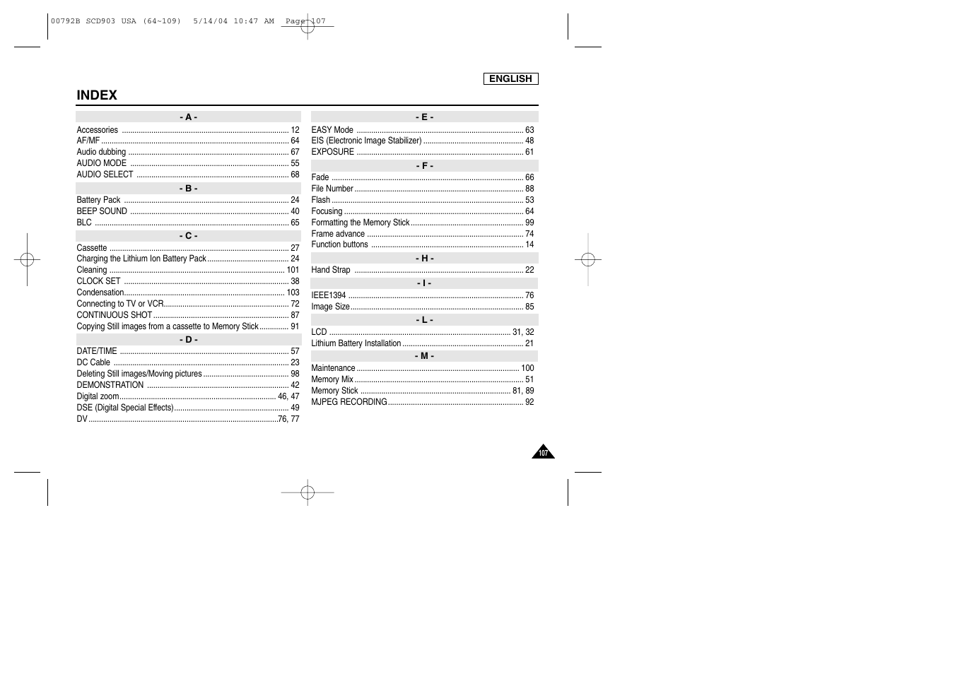 Index | Samsung SC-D903-XAC User Manual | Page 111 / 114