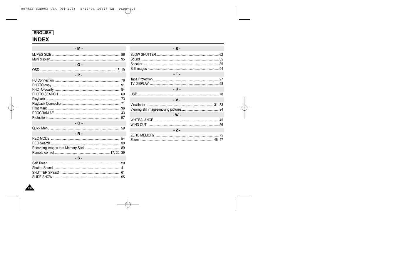 Index | Samsung SC-D903-XAC User Manual | Page 112 / 114