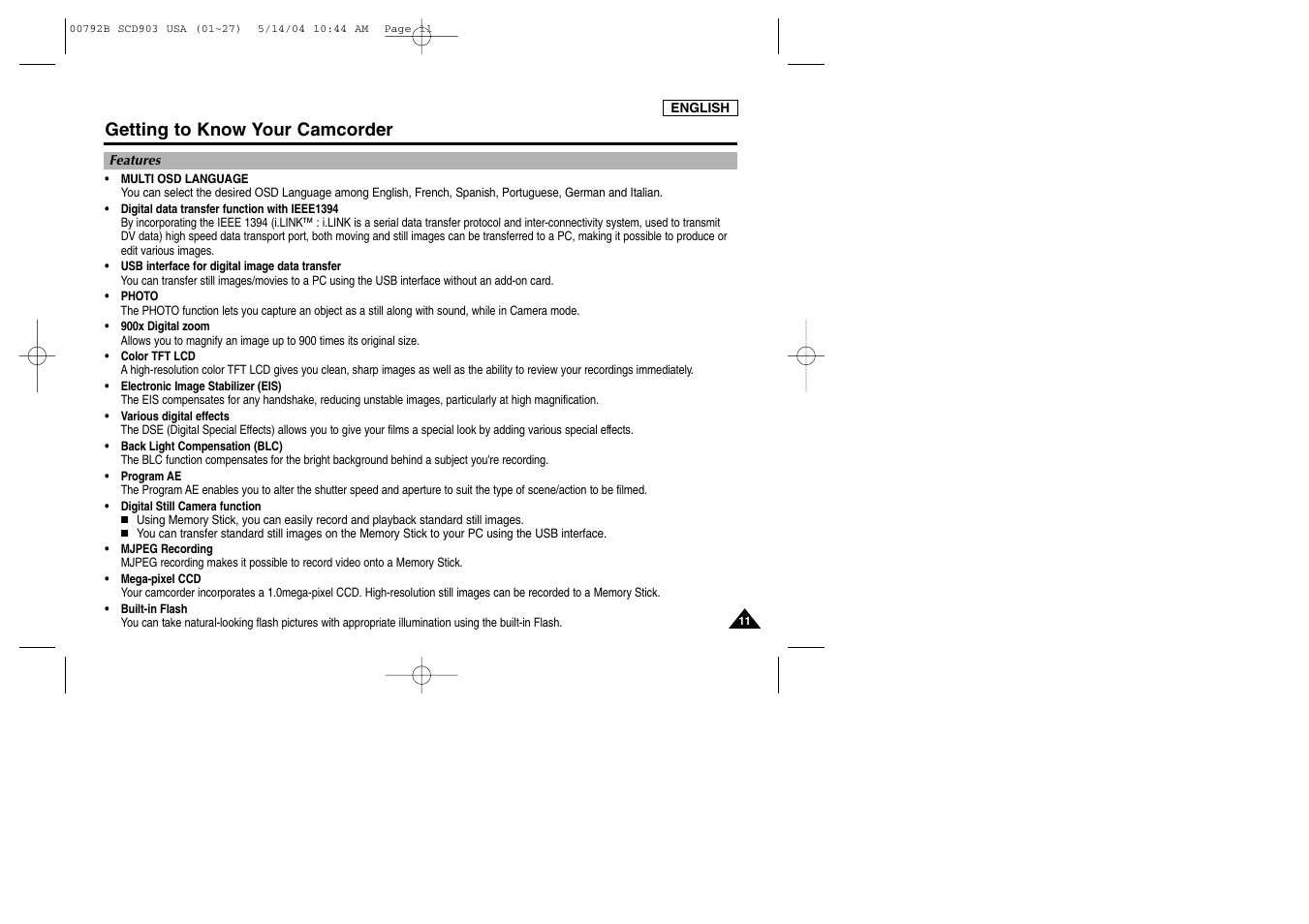 Getting to know your camcorder, Features | Samsung SC-D903-XAC User Manual | Page 15 / 114