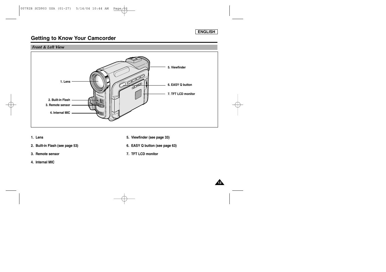 Front & left view, Getting to know your camcorder | Samsung SC-D903-XAC User Manual | Page 17 / 114