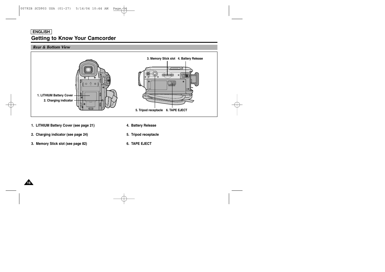 Rear & bottom view, Getting to know your camcorder | Samsung SC-D903-XAC User Manual | Page 20 / 114