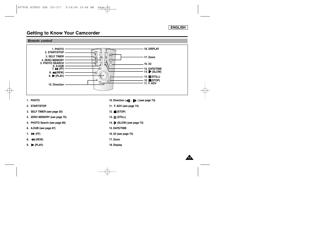 Remote control, Getting to know your camcorder | Samsung SC-D903-XAC User Manual | Page 21 / 114