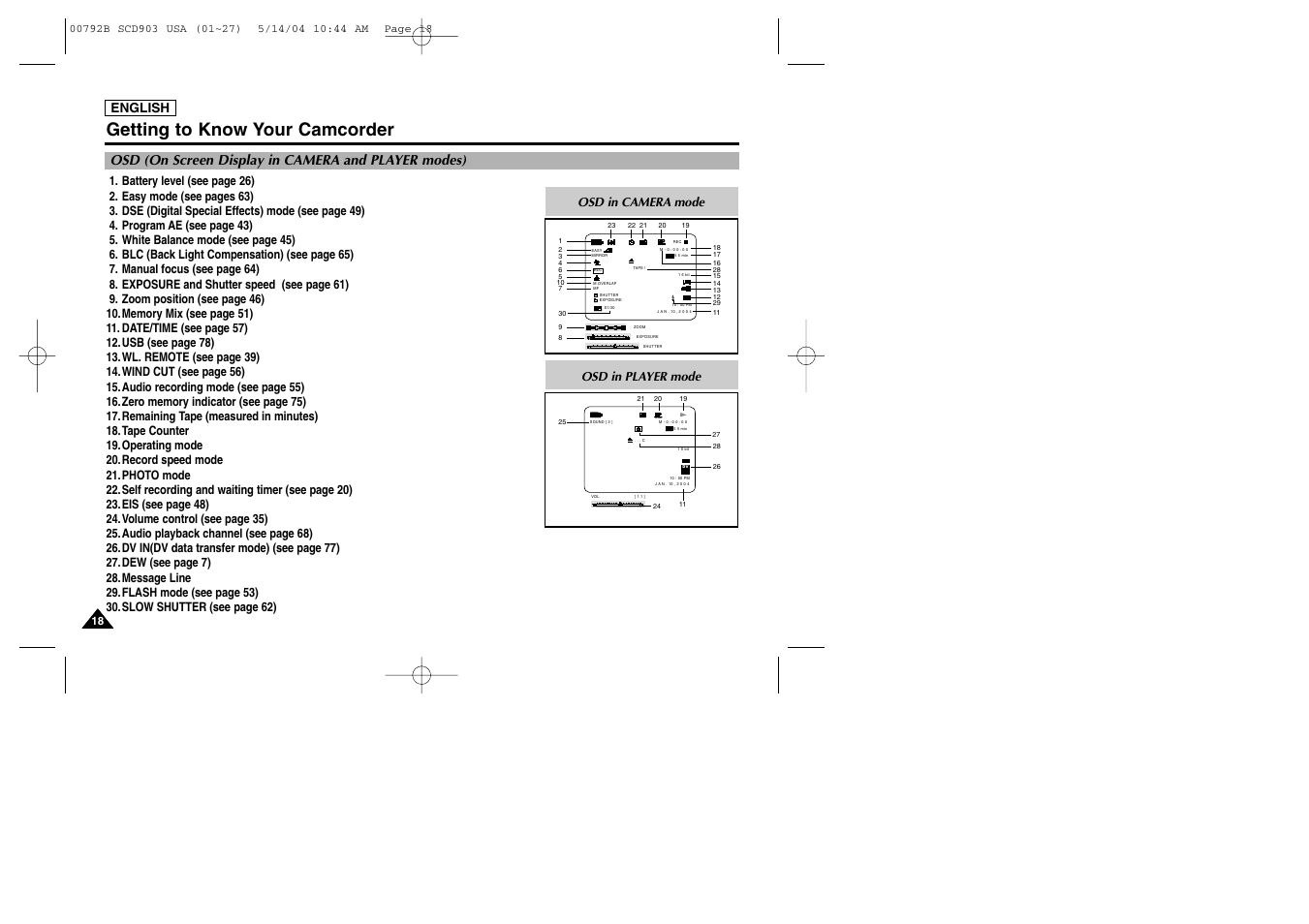 Osd (on screen display in camera and player modes), Getting to know your camcorder, English | Osd in player mode | Samsung SC-D903-XAC User Manual | Page 22 / 114