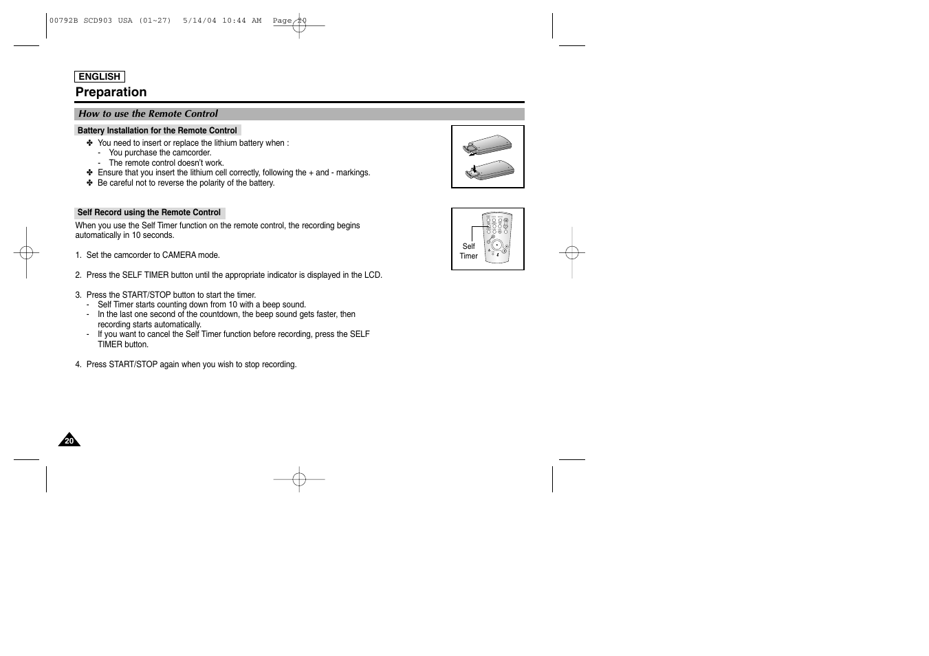 Preparation, How to use the remote control, Battery installation for the remote control | Self record using the remote control | Samsung SC-D903-XAC User Manual | Page 24 / 114