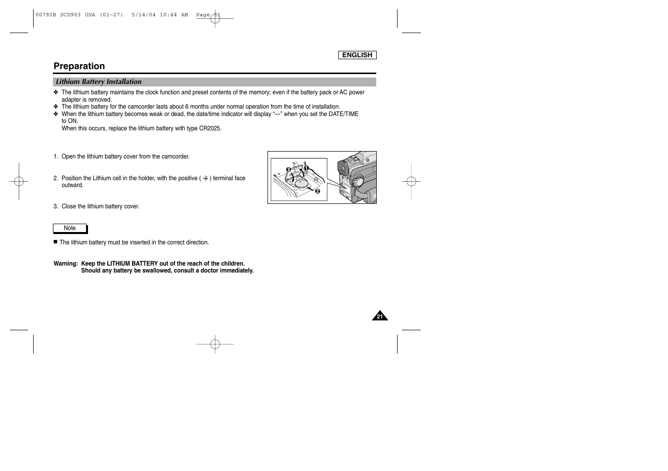 Lithium battery installation, Preparation | Samsung SC-D903-XAC User Manual | Page 25 / 114